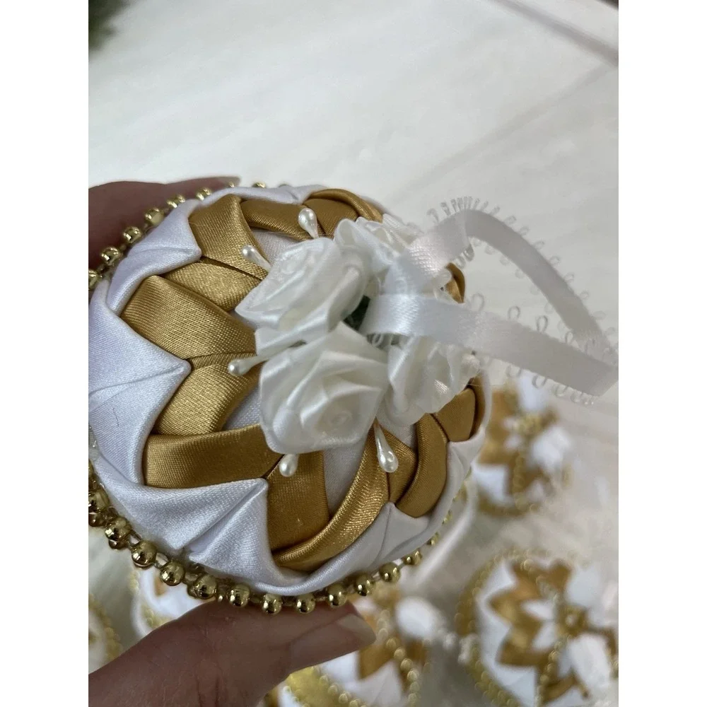 Vtg Handmade Folded Star Quilted Fabric Christmas Ornaments Gold White Lot of 10